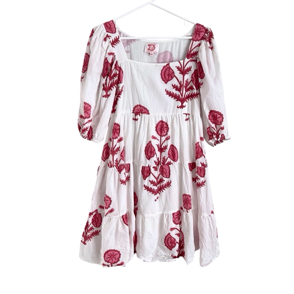 Victoria Dunn Tea Dress White Pink Floral Puff Sleeve Square Neck Party Girly XS